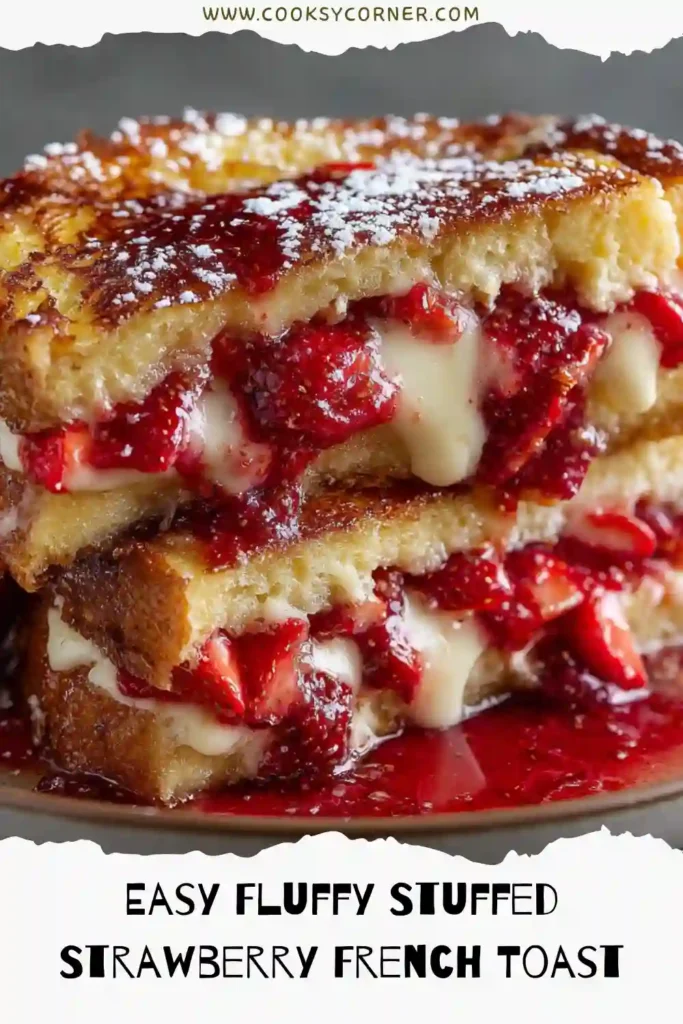 Fluffy Stuffed Strawberry French Toast filled with cream cheese and fresh strawberries.