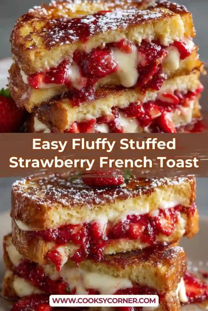 Homemade stuffed strawberry French toast topped with powdered sugar and syrup.