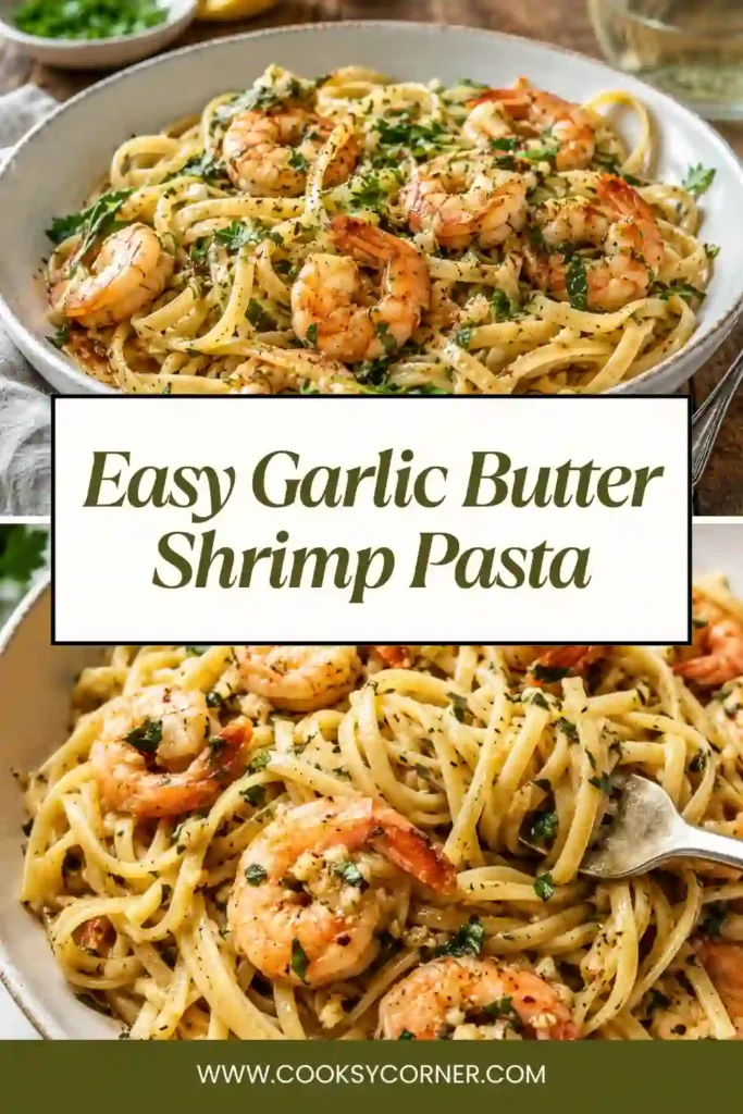 Easy seafood pasta made with garlic butter sauce, Parmesan cheese, and perfectly cooked shrimp.