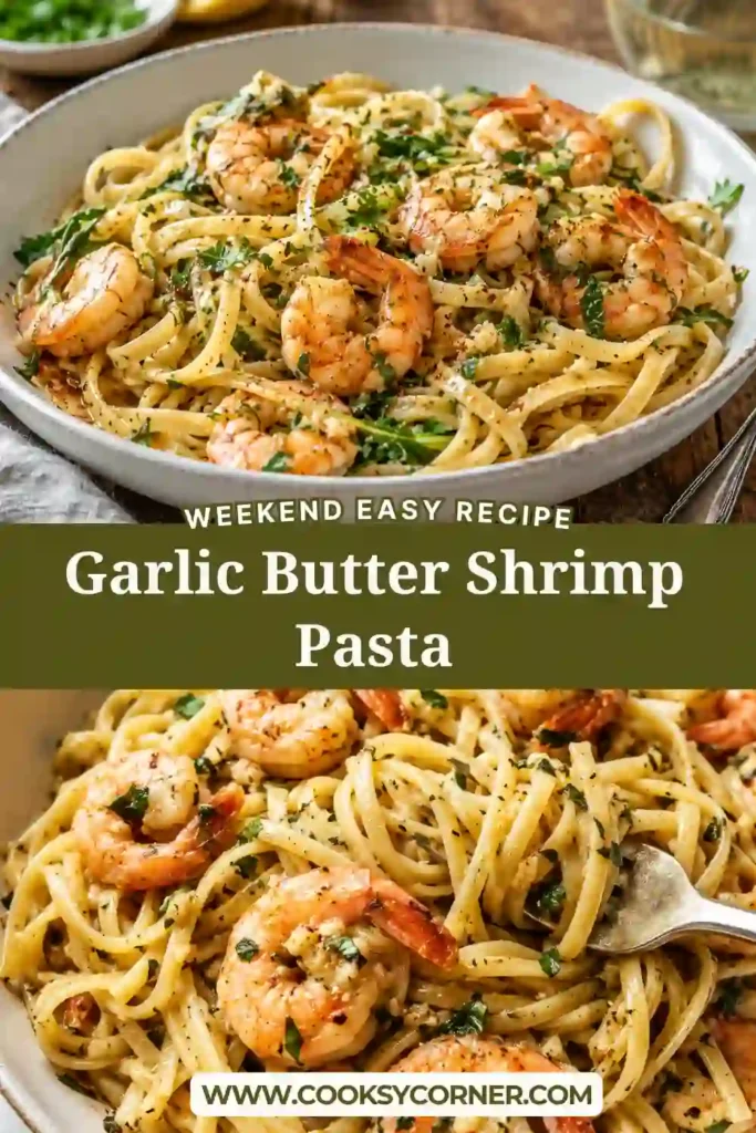 Creamy garlic butter shrimp pasta featuring linguine, sautéed shrimp, and wilted arugula.