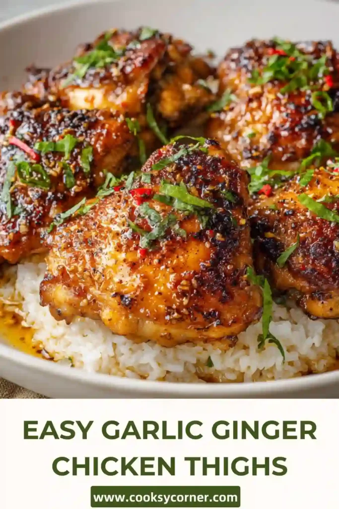 Golden Garlic Ginger Chicken Thighs baked until crispy and garnished with sesame seeds and fresh herbs.