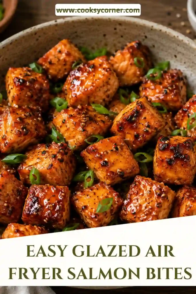 Healthy glazed salmon bites cooked in the air fryer and garnished with sesame seeds and fresh herbs. A quick high-protein dinner recipe.