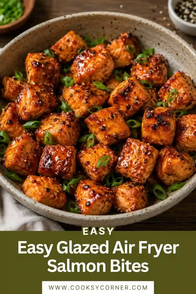 Air fryer salmon bites marinated in soy sauce, honey, garlic, and lemon juice. Served with rice and colorful vegetables for a complete meal.