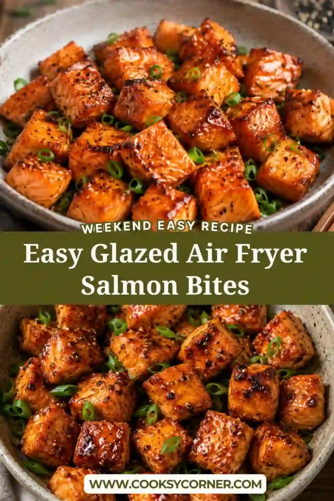 Glazed Air Fryer Salmon Bites coated in honey garlic sauce and served over rice with fresh vegetables. A healthy and flavorful seafood dinner.