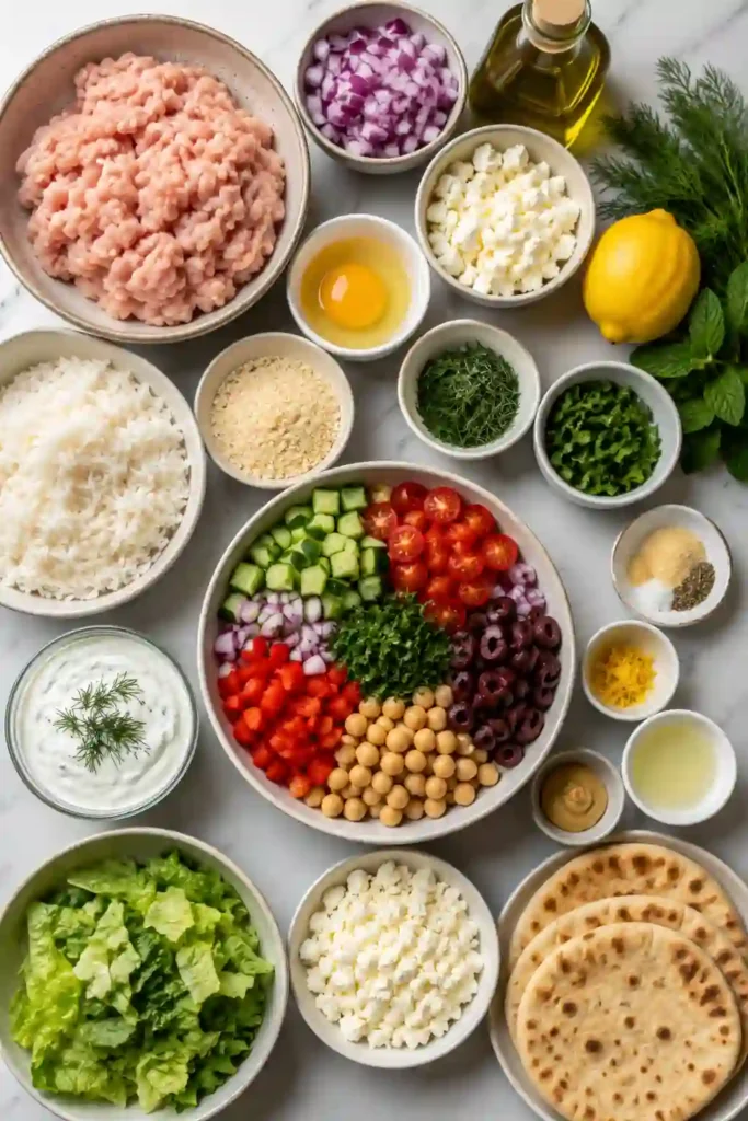 Mediterranean chicken meatball bowl with fluffy rice, cucumber salad, kalamata olives, and creamy dill yogurt sauce. A fresh and satisfying high-protein meal.