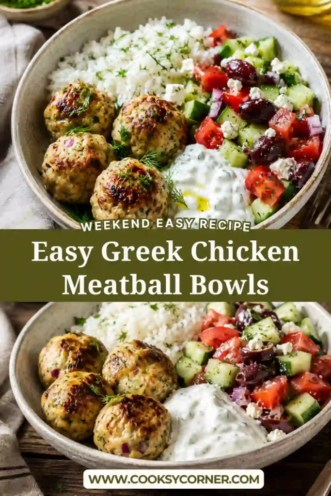 Juicy baked Greek chicken meatballs served over rice with cucumber tomato salad and yogurt sauce. A wholesome Mediterranean-inspired dinner perfect for meal prep.