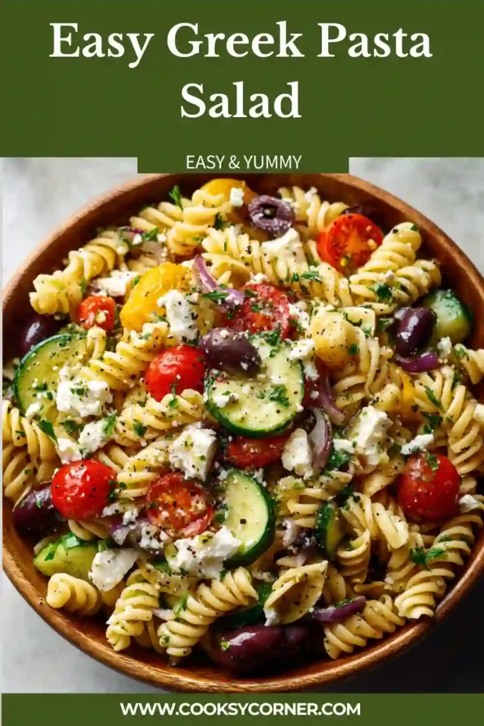 A bowl of Easy Greek Pasta Salad filled with rotini pasta, cucumber, tomatoes, feta cheese, and Kalamata olives. Fresh Mediterranean ingredients are tossed in a homemade Greek dressing.