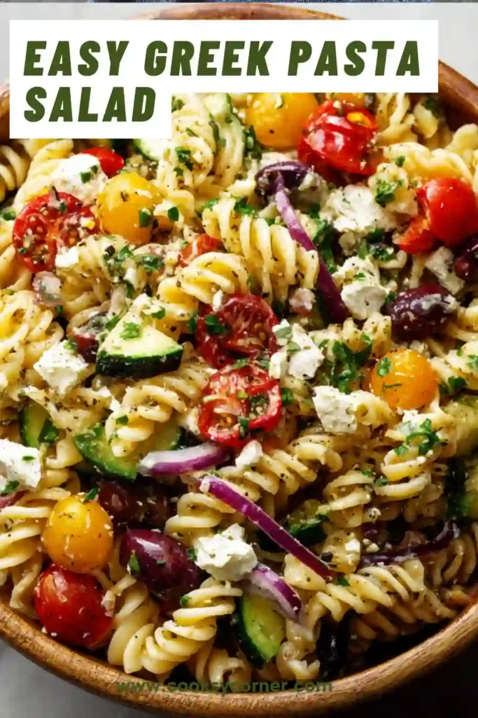 Colorful Greek pasta salad featuring rotini, fresh vegetables, feta cubes, and olives. A healthy Mediterranean-inspired side dish perfect for summer gatherings.