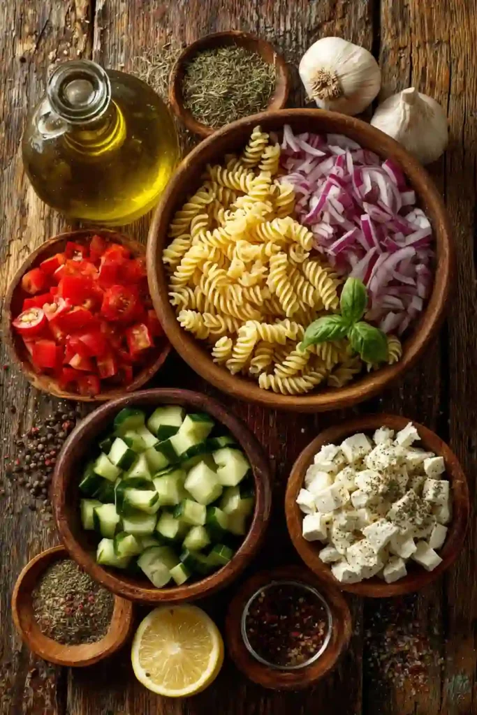 Easy Greek Pasta Salad served in a large bowl with crisp cucumbers, grape tomatoes, red onion, and creamy feta. The homemade dressing adds bright Mediterranean flavor.