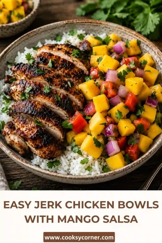 Easy Jerk Chicken Bowls served with creamy coconut rice and fresh mango salsa in a colorful bowl. The tropical ingredients create a vibrant and flavorful Caribbean-inspired meal.