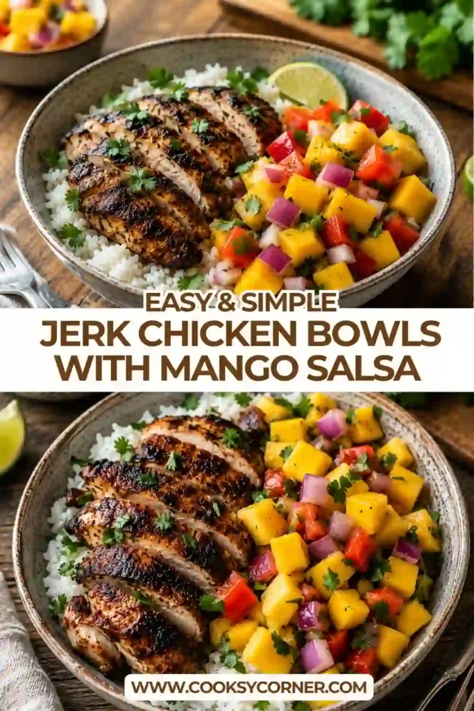 Juicy jerk chicken slices layered over coconut rice and topped with homemade mango salsa. This healthy chicken bowl features bold spices and fresh tropical flavors.