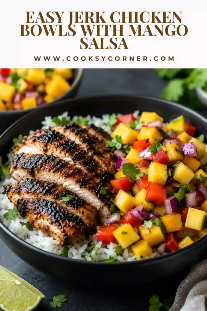 A Caribbean chicken bowl filled with tender jerk-seasoned chicken, fluffy coconut rice, and sweet mango salsa. Perfect for a balanced and satisfying dinner.