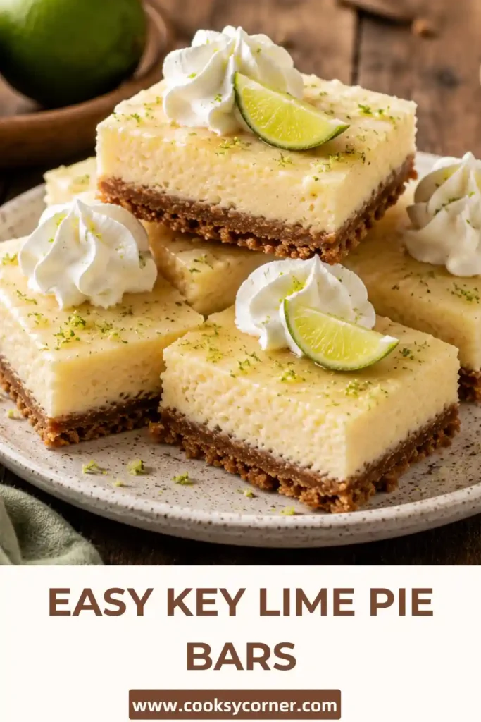 Easy Key Lime Pie Bars topped with whipped cream and fresh lime slices. The creamy citrus filling sits on a buttery graham cracker crust.