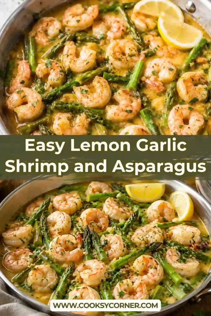 Healthy shrimp and asparagus sautéed in a garlic butter lemon sauce in a large skillet. Fresh basil leaves add a bright finishing touch.