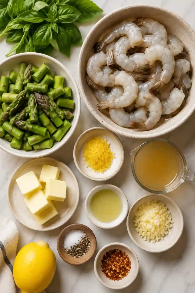 Close-up of garlic butter shrimp and asparagus garnished with basil and lemon slices. The seafood is perfectly cooked and coated in a glossy lemon sauce.