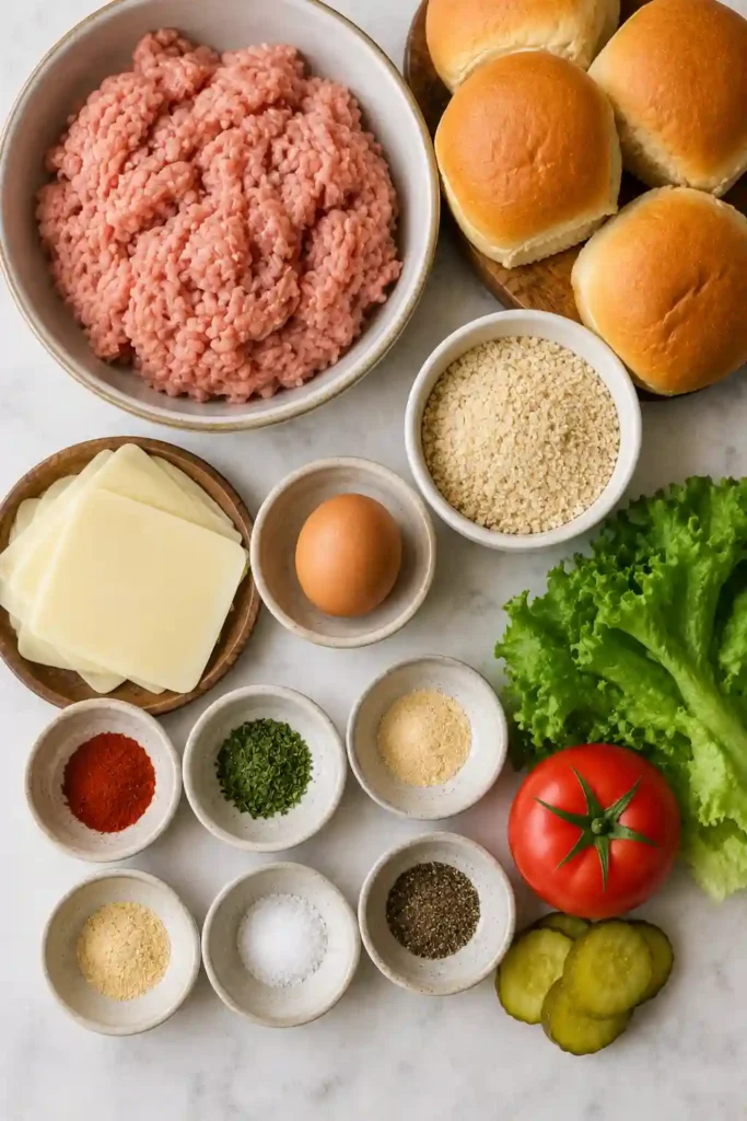 A platter of turkey burger sliders topped with cheddar cheese and fresh vegetables.