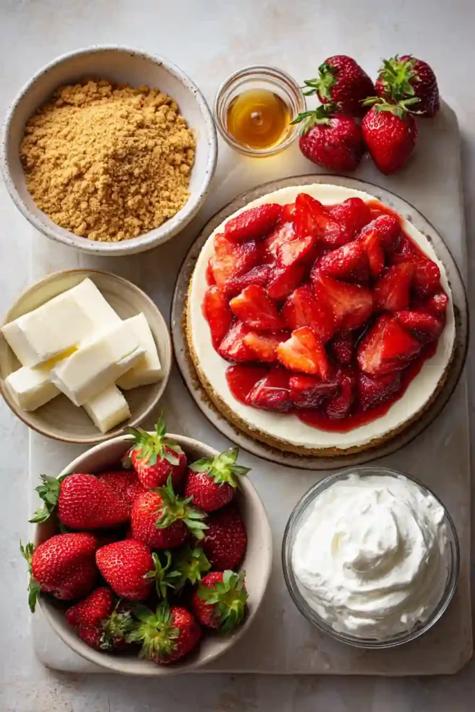 Fresh strawberry swirl cheesecake chilled and garnished with whipped cream. This no-bake dessert features a creamy filling and colorful berry swirls.