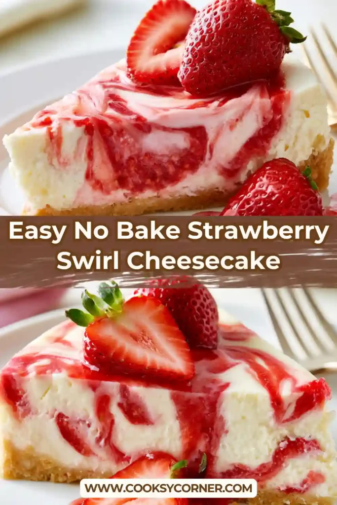 Homemade Easy No Bake Strawberry Swirl Cheesecake served on a dessert plate. Rich cream cheese filling is marbled with sweet strawberry sauce.