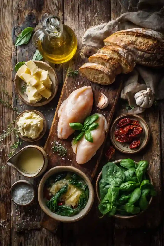 Creamy chicken skillet meal with spinach, basil, and garlic sauce served in a rustic pan. A hearty weeknight dinner recipe.