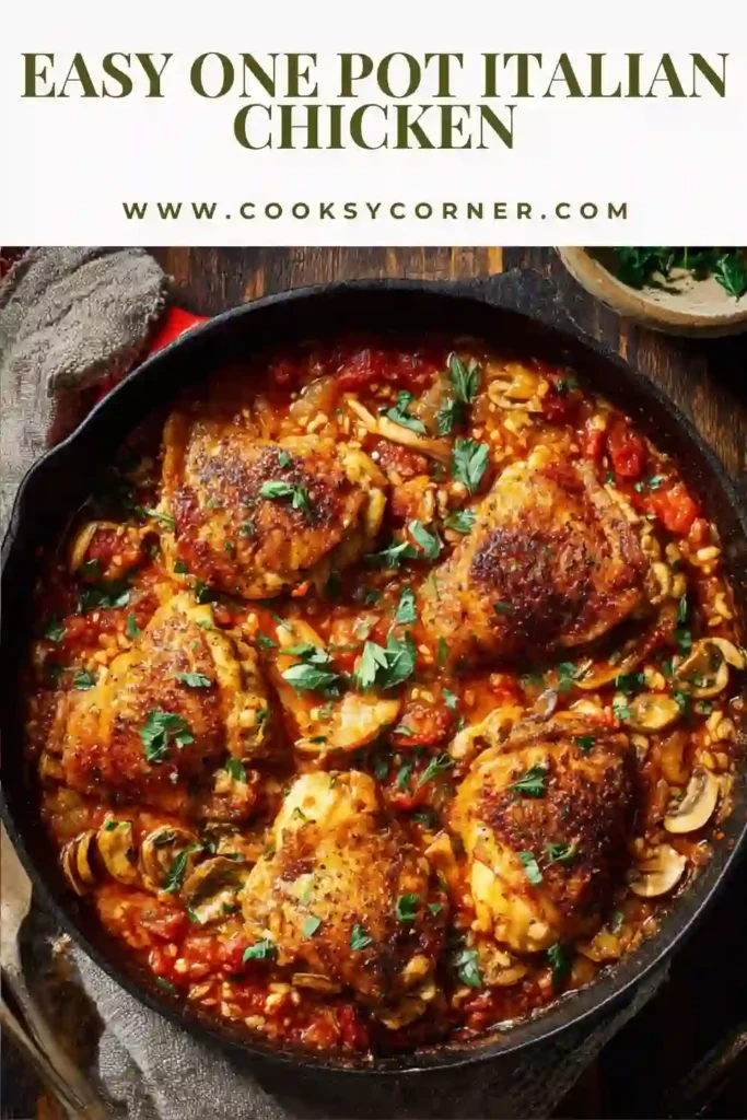 Creamy One-Pot Italian Chicken served in a skillet with sun-dried tomatoes, fresh basil, and spinach. Tender chicken breasts are coated in a rich garlic cream sauce.