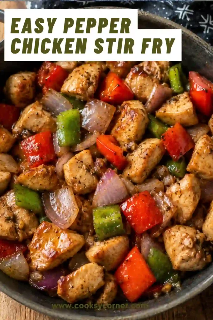 Easy Pepper Chicken Stir Fry served with colorful red and green bell peppers in a glossy savory sauce. Tender chicken pieces are perfectly cooked and ready for a quick family dinner.