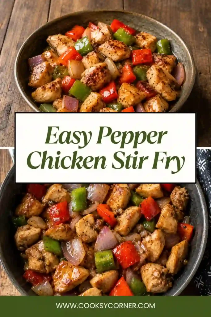 A bowl of Pepper Chicken Stir Fry featuring juicy chicken, onions, and fresh bell peppers. This easy chicken stir fry recipe is packed with flavor and vibrant colors.