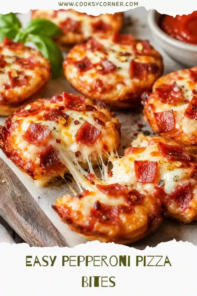 Close-up view of cheesy Pepperoni Pizza Bites served warm on a platter. Each bite features fluffy dough, rich pizza sauce, and savory turkey pepperoni.