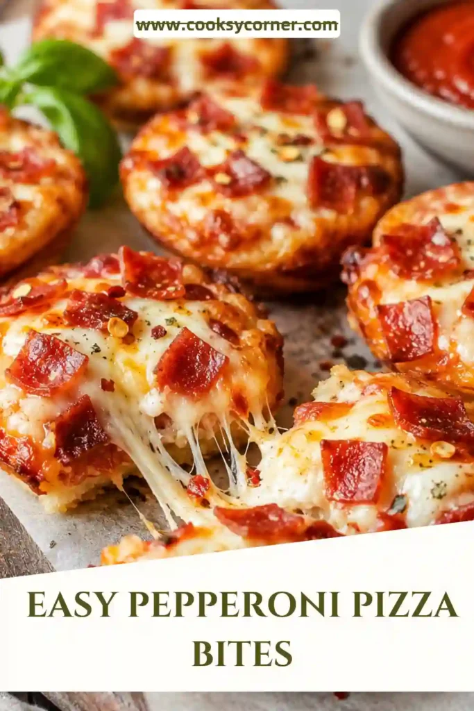 Freshly baked Pepperoni Pizza Bites topped with melted mozzarella cheese and turkey pepperoni in a muffin tin. These bite-sized pizza snacks are golden, cheesy, and perfect for parties.