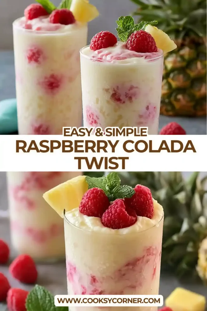 Freshly blended raspberry colada served in a chilled glass with pineapple garnish and mint. The drink showcases a rich tropical color and frothy finish.