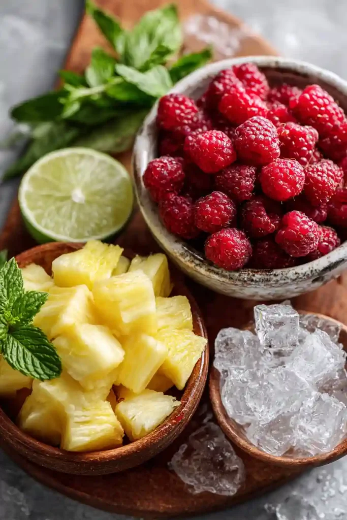 A tropical raspberry coconut drink served over ice with fresh pineapple and mint decorations. The smoothie-style beverage looks creamy and refreshing.