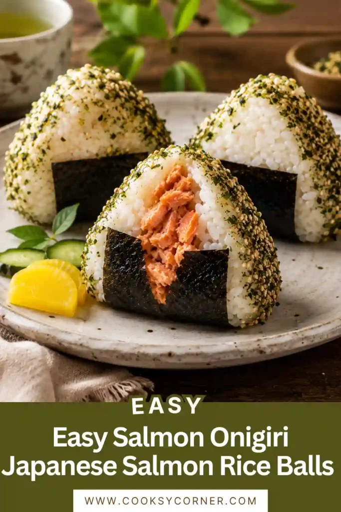 Easy Salmon Onigiri served on a ceramic plate with fluffy rice, seasoned salmon, and crisp seaweed wrapping