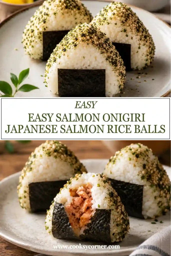 Traditional Japanese salmon rice balls wrapped with nori and sprinkled with furikake seasoning for a delicious homemade lunch.