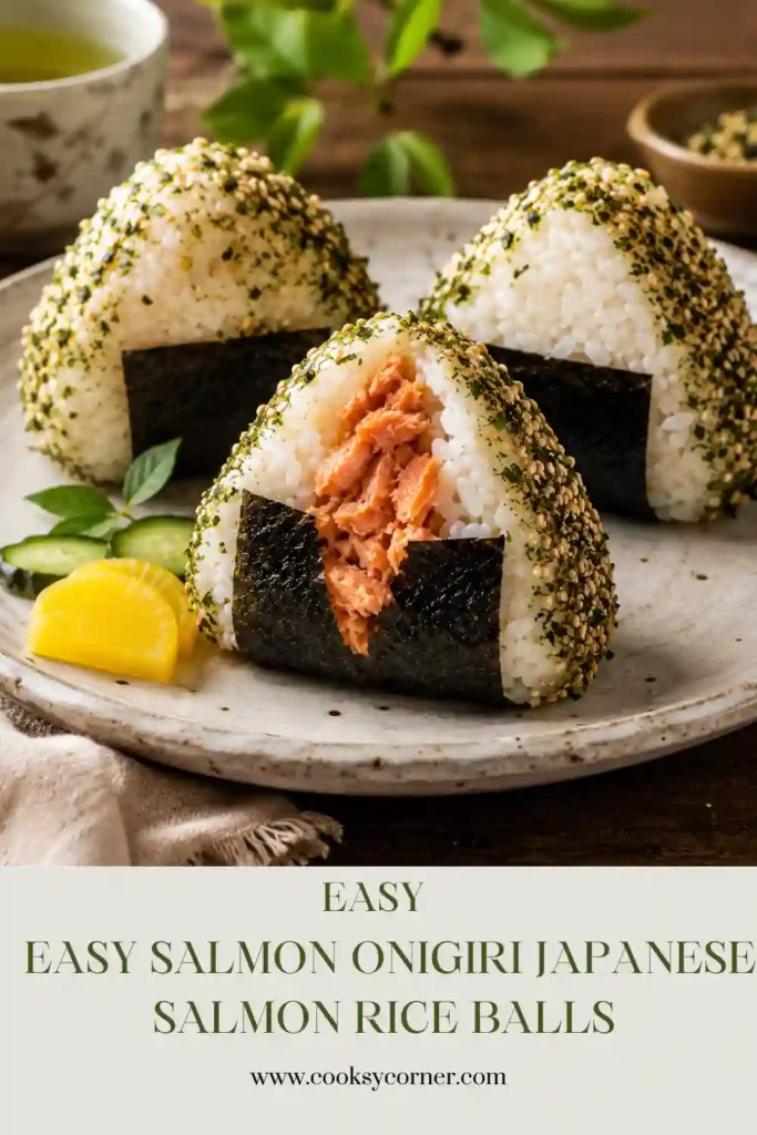 Homemade Easy Salmon Onigiri made with Japanese short-grain rice, creamy salmon filling, and crispy nori strips on a serving plate.