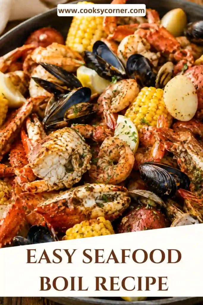 One-pot seafood boil loaded with crab, shrimp, mussels, and corn, served family style.