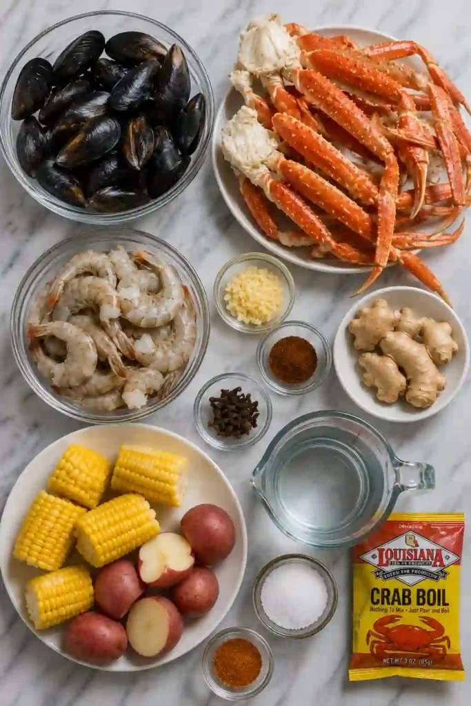 Homemade seafood boil arranged on a serving tray with fresh lemon wedges and melted butter.