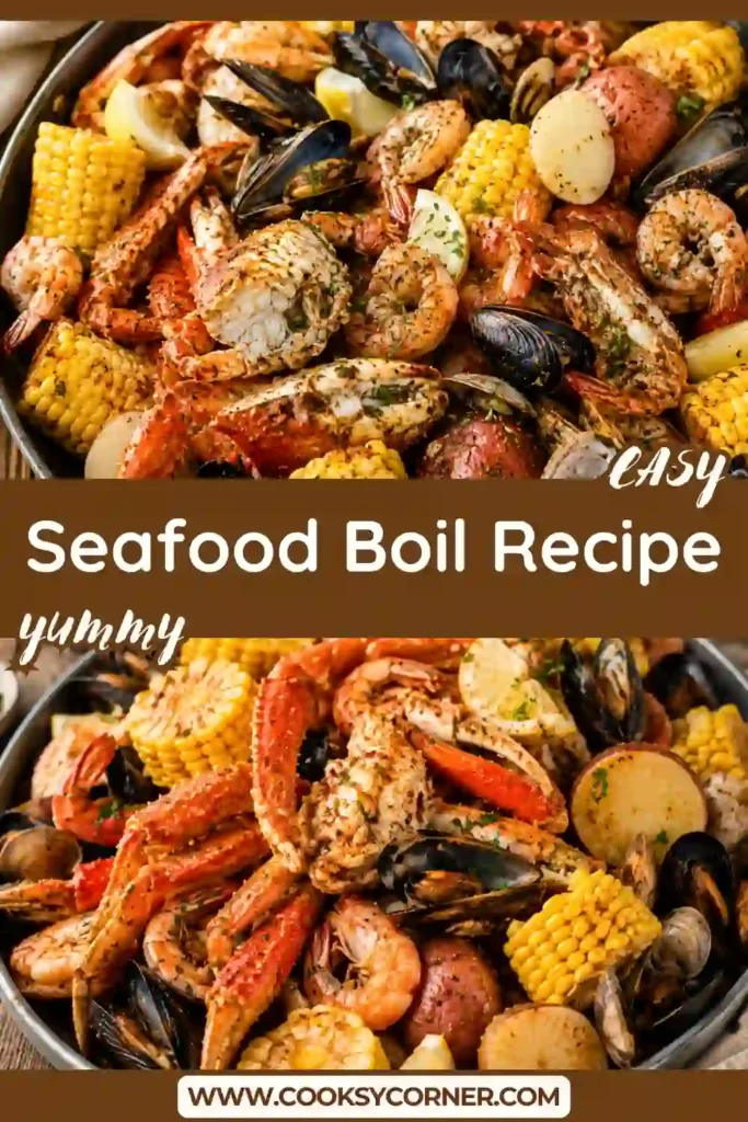 Classic seafood boil featuring fresh shrimp, crab legs, sweet corn, potatoes, and mussels cooked in seasoned broth.