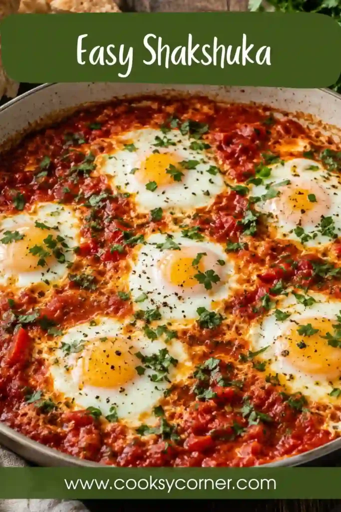 A skillet of easy shakshuka with eggs gently cooked in a rich tomato sauce. Fresh parsley and cilantro add vibrant color and flavor to this traditional Middle Eastern breakfast.