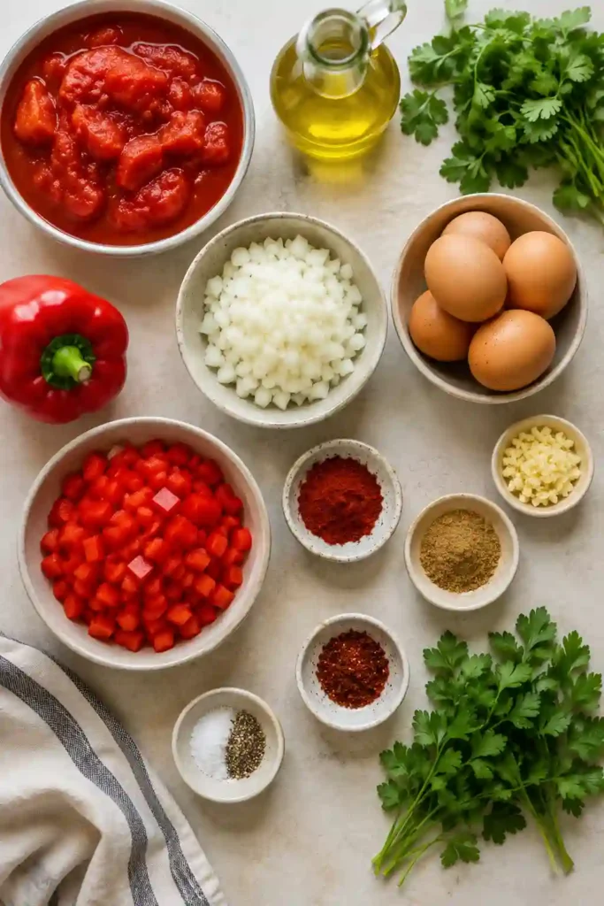Close-up view of traditional shakshuka with runny eggs in a spiced tomato skillet. Fresh herbs add a bright and delicious finishing touch.