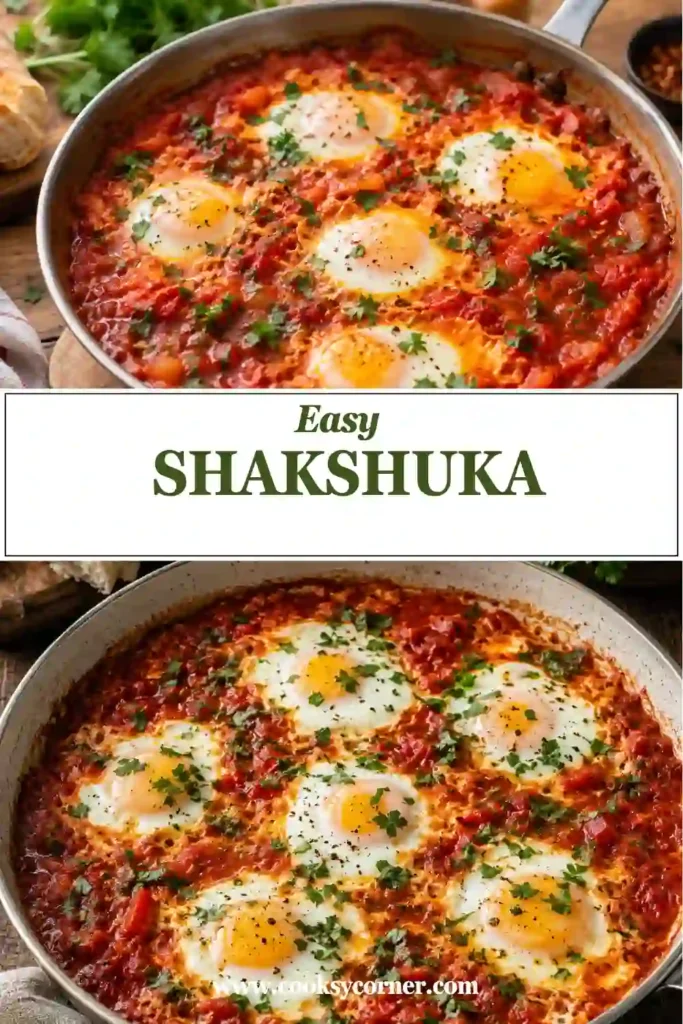 Traditional shakshuka served in a skillet with eggs, tomatoes, peppers, and fresh herbs. A colorful and comforting Middle Eastern breakfast recipe.