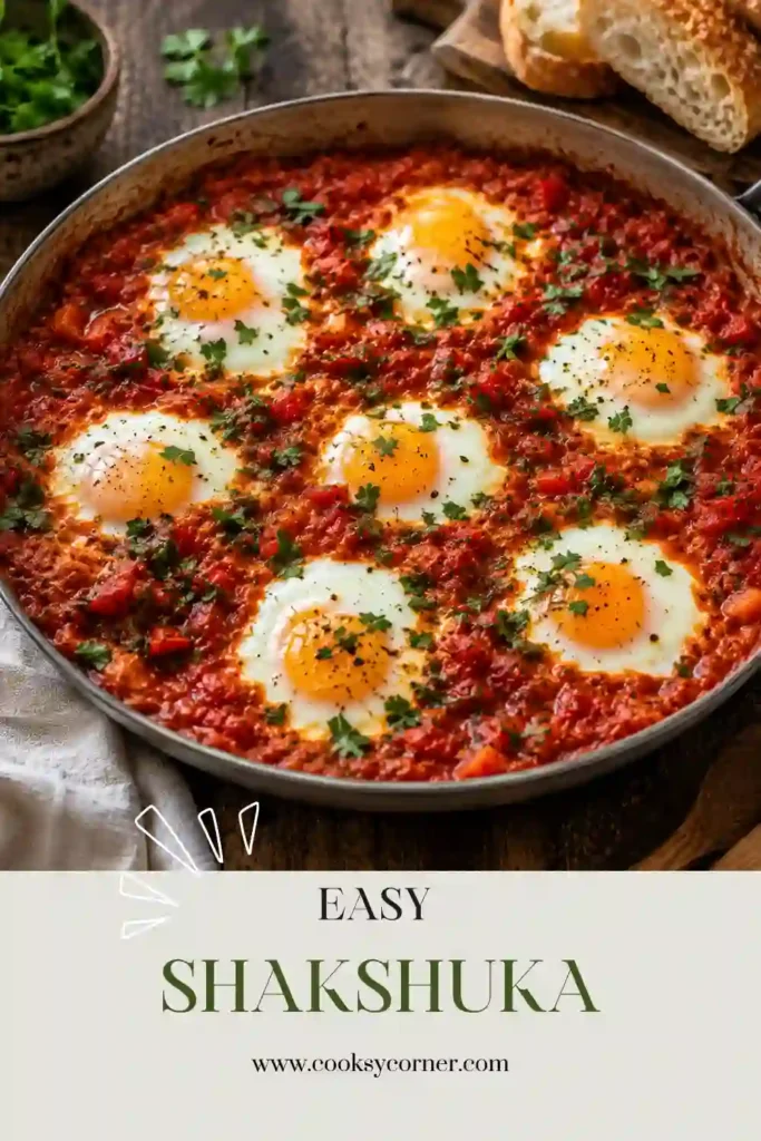 One-pan shakshuka topped with fresh parsley and cilantro. The eggs are perfectly cooked in a flavorful tomato and bell pepper sauce.