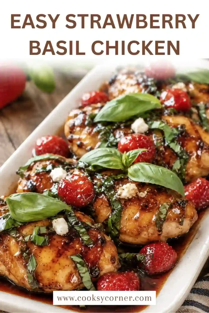 Freshly baked Strawberry Basil Chicken served with sliced strawberries and chopped basil on top. The honey balsamic glaze creates a glossy finish while the chicken remains tender and juicy.