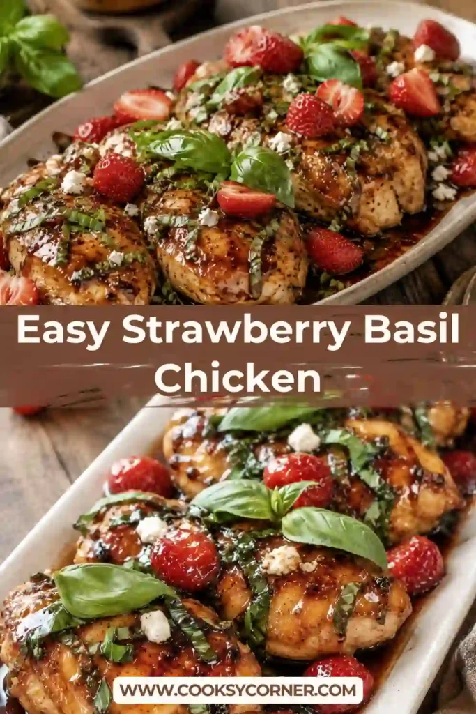 A serving of Strawberry Basil Chicken arranged on a dinner plate with fresh strawberry slices and basil leaves. The baked chicken is coated in a flavorful honey balsamic sauce.