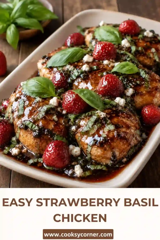 Golden baked chicken breasts topped with strawberries and chopped basil in a light honey balsamic glaze. A healthy and elegant chicken dinner ready for serving.