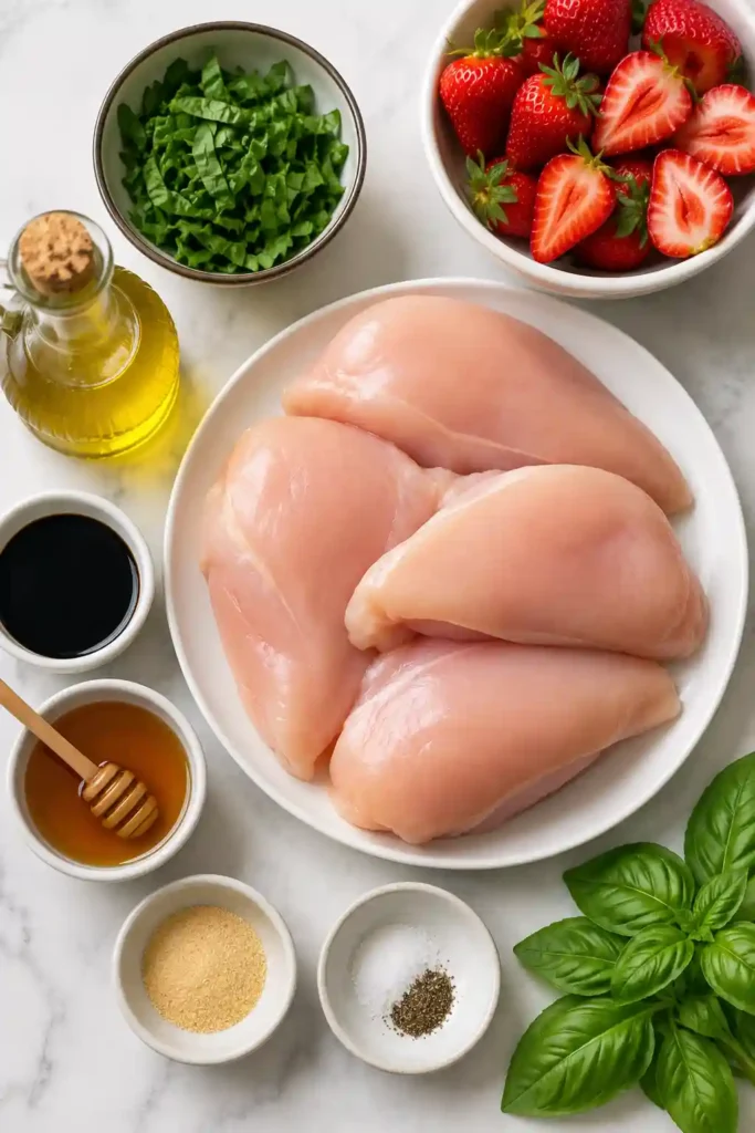 Close-up of Strawberry Basil Chicken garnished with fresh basil and sliced strawberries. The baked chicken appears juicy and coated with a glossy honey balsamic sauce.