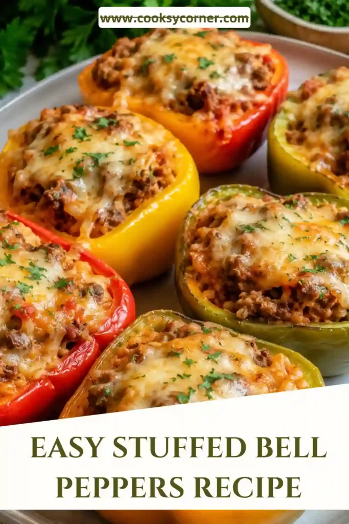 Homemade Easy Stuffed Bell Peppers served warm with seasoned beef, tomatoes, brown rice, and melted cheddar jack cheese. A healthy and satisfying family-friendly dinner.