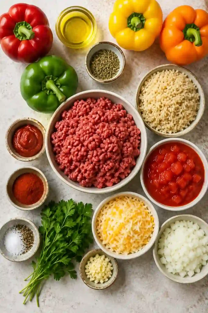 Oven-baked bell peppers stuffed with ground beef, rice, tomatoes, and cheese. This classic stuffed peppers recipe is easy to prepare and perfect for meal prep.
