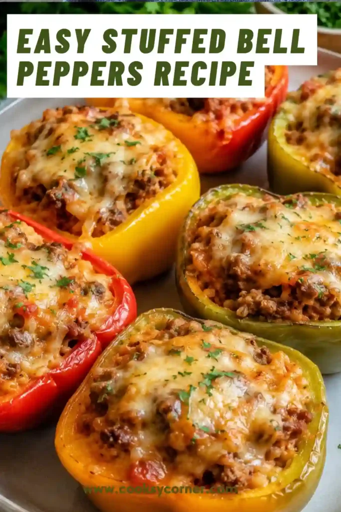Freshly baked Easy Stuffed Bell Peppers filled with seasoned ground beef, brown rice, and tomatoes. Melted cheddar jack cheese tops each pepper for a hearty family dinner.