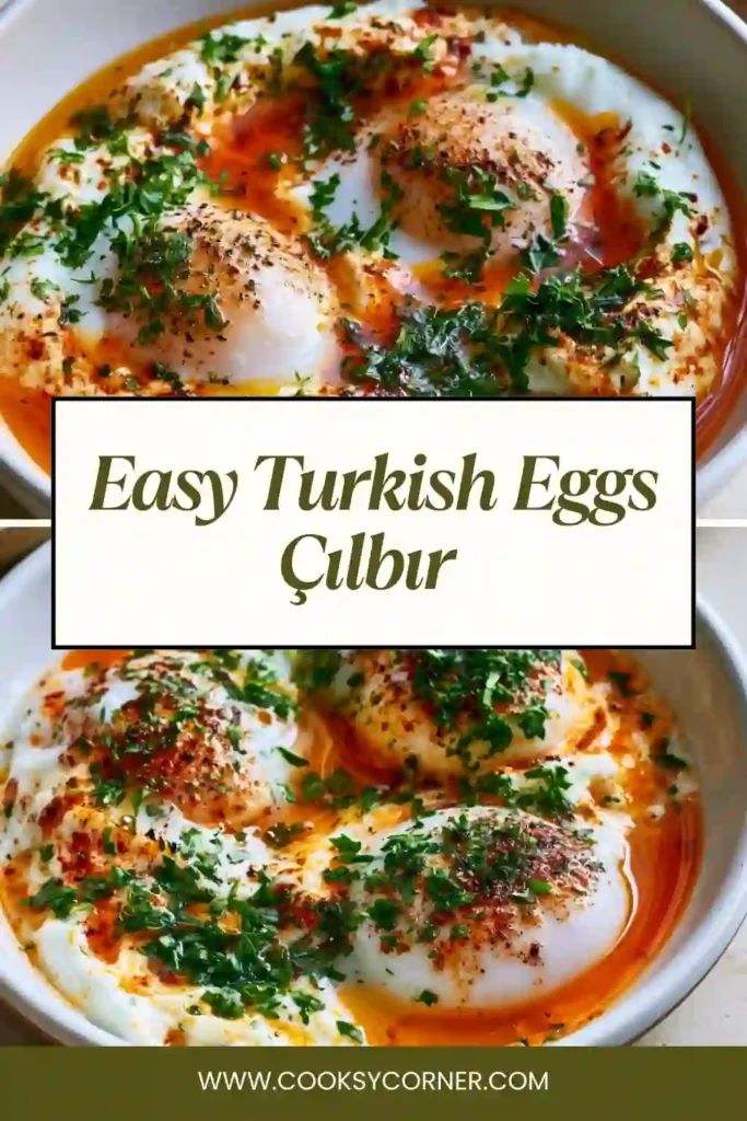 Çılbır served on a white plate with warm butter sauce and fresh herbs.