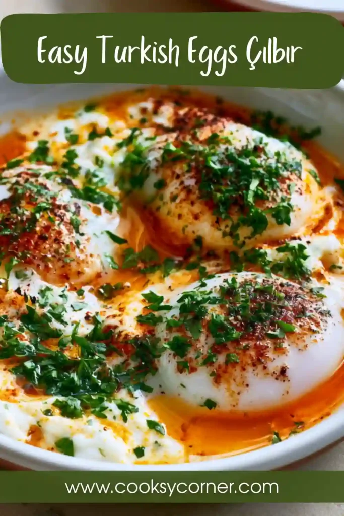 Turkish Eggs served over garlic yogurt and topped with Aleppo butter and fresh dill.