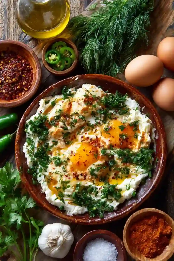 Turkish Eggs garnished with dill and served with artisan bread.